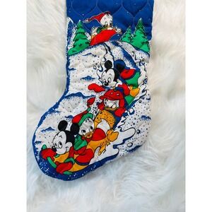 Disney Christmas Stocking Unisex OS Blue Quilted Vintage Mickey Donald Sledding
